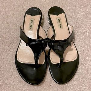 MiuMiu patent leather sandal with crystals and bow
